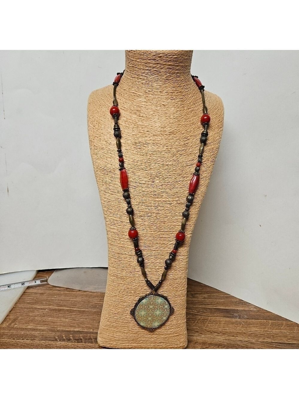 Vintage LAGA Art Deco Bronze & Glass Bead Necklace with Geometric Pendant